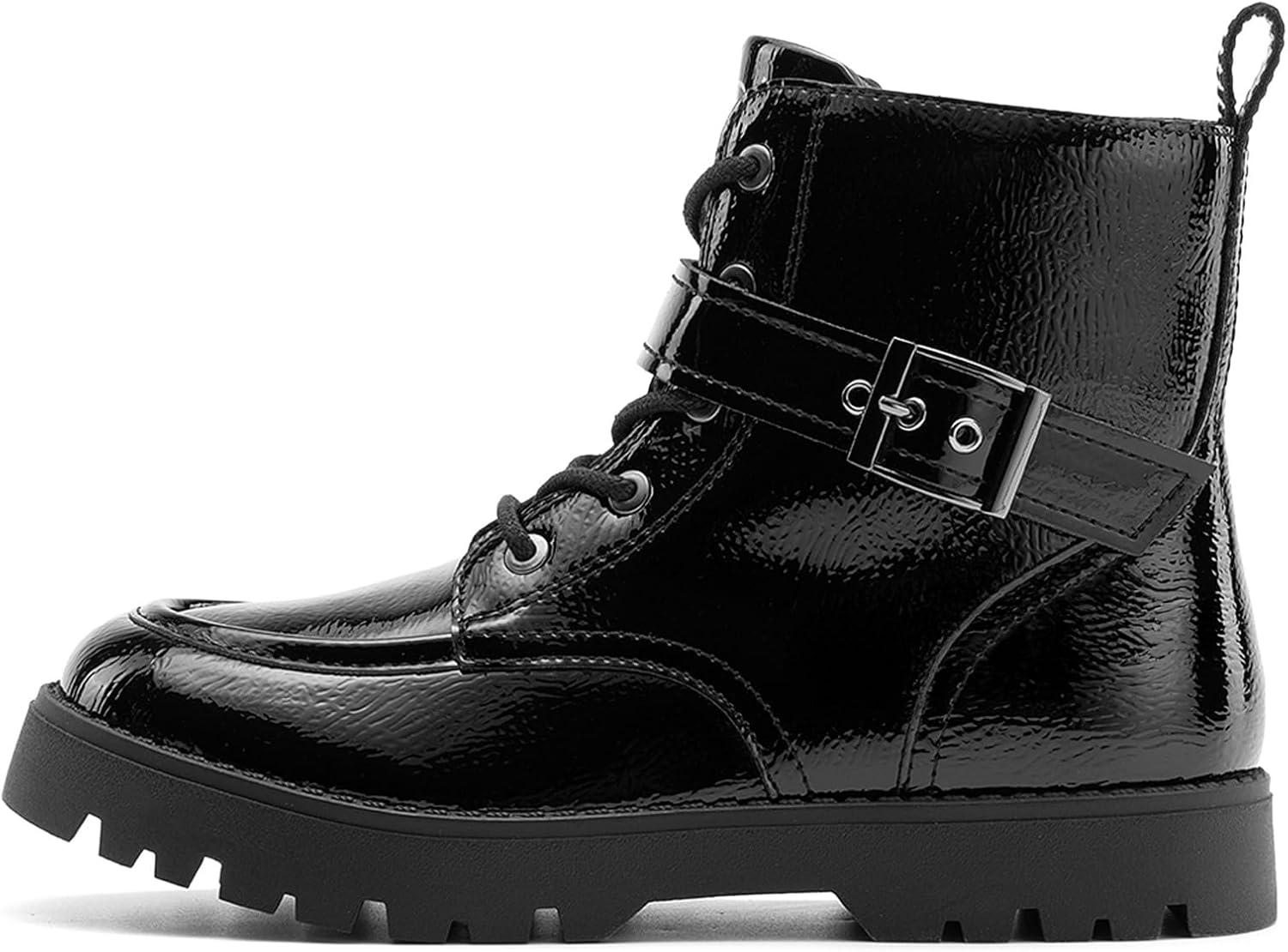 imageDREAM PAIRS Boys Girls Ankle Boots Laceup with Buckle Strap Combat boot for ToddlerLittle KidBig KidsAll Black