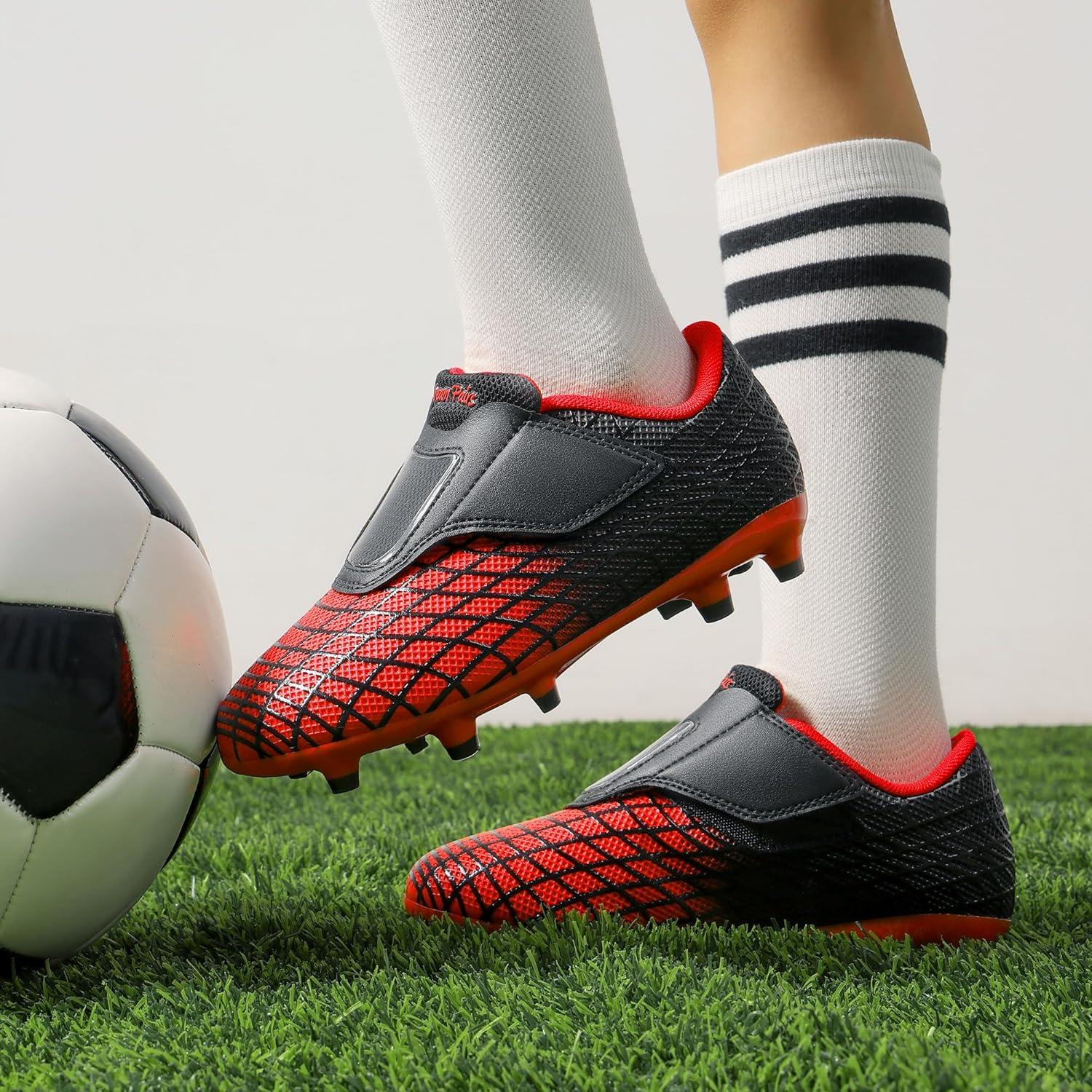 imageDREAM PAIRS Boys Girls Soccer Cleats Firm Ground Kids Youth Athletic Outdoor Football ShoesRedBlack
