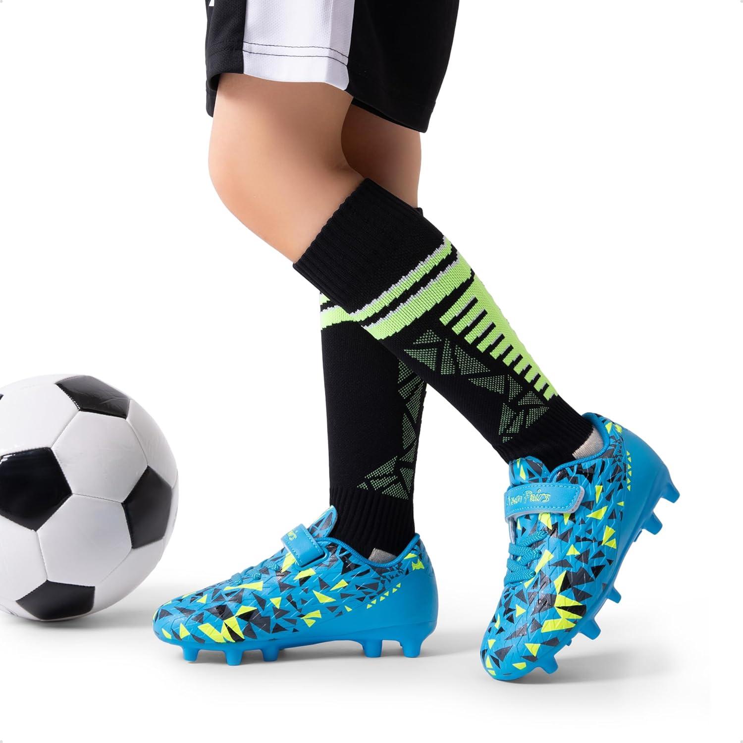 imageDREAM PAIRS Boys Girls Soccer Cleats Kids Firm Ground Football Shoes for LittleBig Kid with Soccer SocksRoyal BlueNeon Green