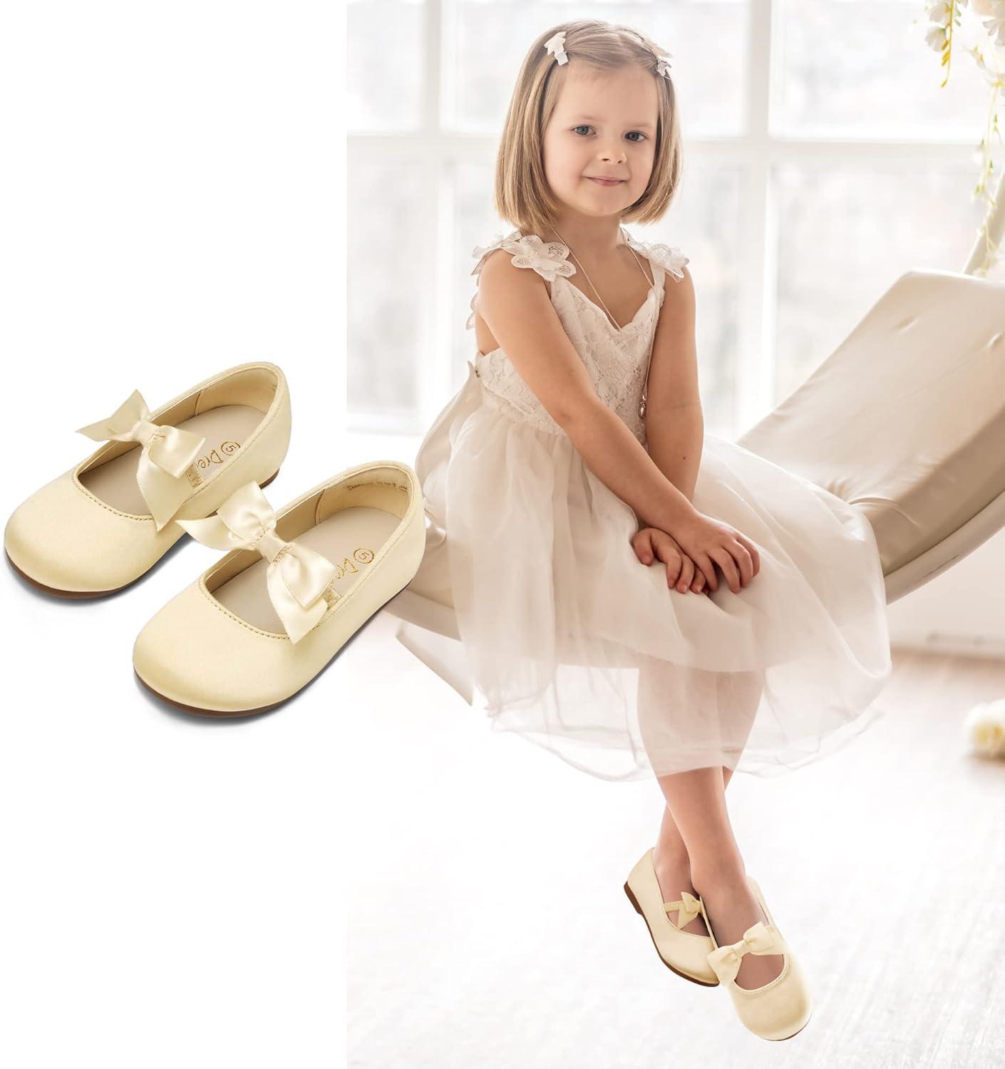 imageDream Pairs Girls Dress Shoes Mary Jane Flower Girl Bow Ballet Flats for Wedding Party ToddlerLittle KidSophia22gold