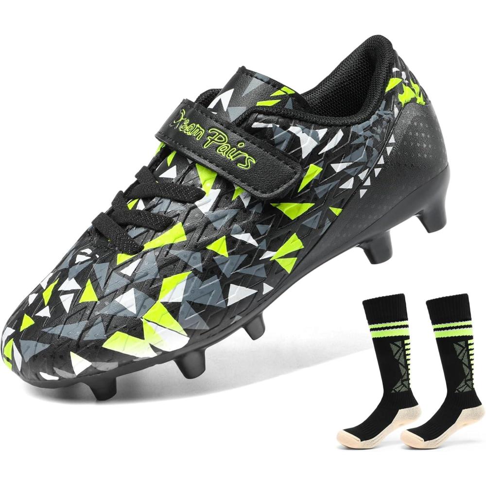 imageDREAM PAIRS Boys Girls Soccer Cleats Kids Firm Ground Football Shoes for LittleBig Kid with Soccer SocksBlackNeon Green