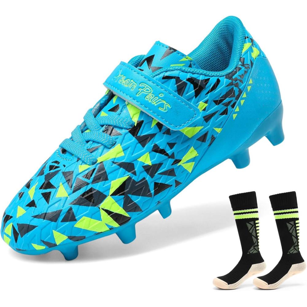 imageDREAM PAIRS Boys Girls Soccer Cleats Kids Firm Ground Football Shoes for LittleBig Kid with Soccer SocksRoyal BlueNeon Green