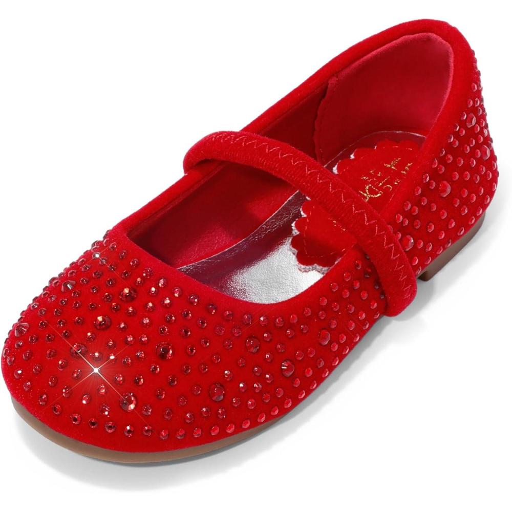 imageDREAM PAIRS Toddler Girls Dress Shoes Mary Jane Ballet Flats Flower Girl Shoes with Rhinestone Slipon Toddler Mary Jane FlatsRedSuede