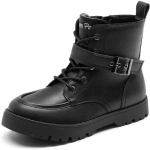DREAM PAIRS Boys Girls Ankle Boots Lace-up with Buckle Strap Combat boot for Toddler/Little Kid/Big Kids(Black)