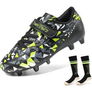 DREAM PAIRS Boys Girls Soccer Cleats Kids Firm Ground Football Shoes for Little/Big Kid with Soccer Socks(Black/Neon Green)