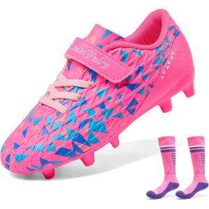DREAM PAIRS Boys Girls Soccer Cleats Kids Firm Ground Football Shoes for Little/Big Kid with Soccer Socks(Hot Pink/Royal Blue)
