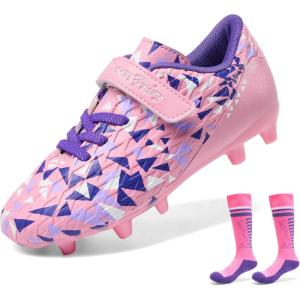 DREAM PAIRS Boys Girls Soccer Cleats Kids Firm Ground Football Shoes for Little/Big Kid with Soccer Socks(Pink/Purple)
