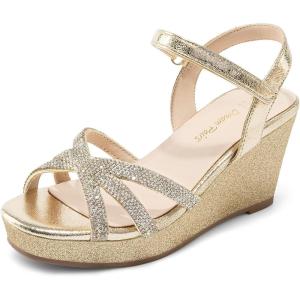 DREAM PAIRS Girls Wedge Sandals Flatform Open Toe Summer Platform Sandals Flower Wedding Party for Little Kid/Big Kid(All Gold)