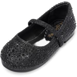 DREAM PAIRS Toddler Girls Dress Shoes Mary Jane Ballet Flats, Flower Girl Shoes with Rhinestone, Slip-on Toddler Mary Jane Flats(Black/Glitter)