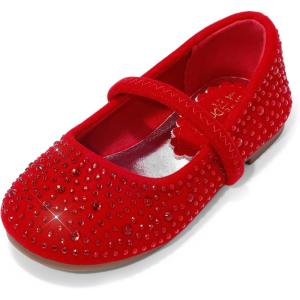DREAM PAIRS Toddler Girls Dress Shoes Mary Jane Ballet Flats, Flower Girl Shoes with Rhinestone, Slip-on Toddler Mary Jane Flats(Red/Suede)