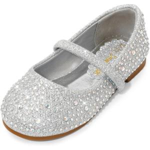 DREAM PAIRS Toddler Girls Dress Shoes Mary Jane Ballet Flats, Flower Girl Shoes with Rhinestone, Slip-on Toddler Mary Jane Flats(Silver/Glitter)