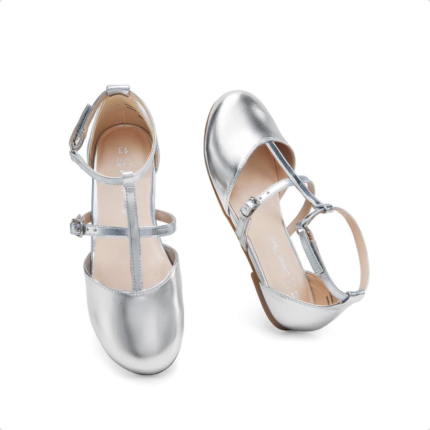 imageDREAM PAIRS Girls Dress Shoes Mary Jane Flats for Little Girls Party Shoes with T StrapSilver