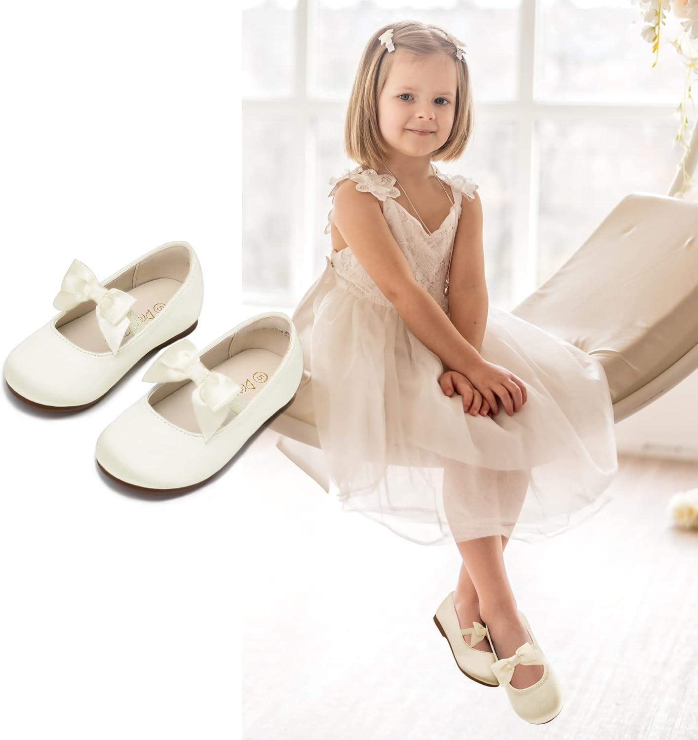 imageDream Pairs Girls Dress Shoes Mary Jane Flower Girl Bow Ballet Flats for Wedding Party ToddlerLittle KidSophia22ivory