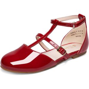 DREAM PAIRS Girls Dress Shoes Mary Jane Flats for Little Girls Party Shoes with T Strap(Red)