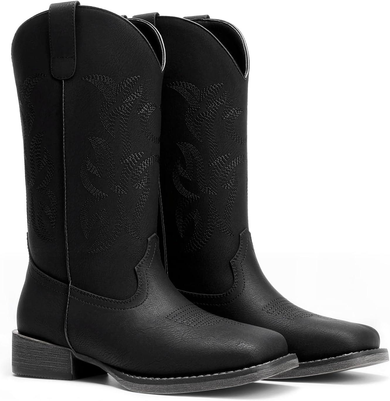 imageDREAM PAIRS Cowboy Cowgirl Boots for Women Wide Square Toe Western Mid Calf PullOn Embroidered Stitched Retro BootsBlack