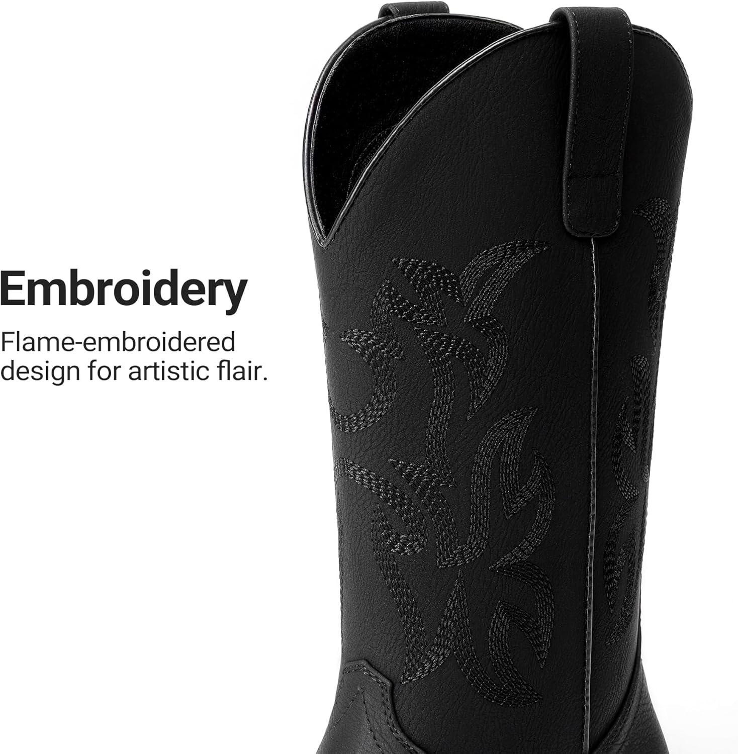 imageDREAM PAIRS Cowboy Cowgirl Boots for Women Wide Square Toe Western Mid Calf PullOn Embroidered Stitched Retro BootsBlack