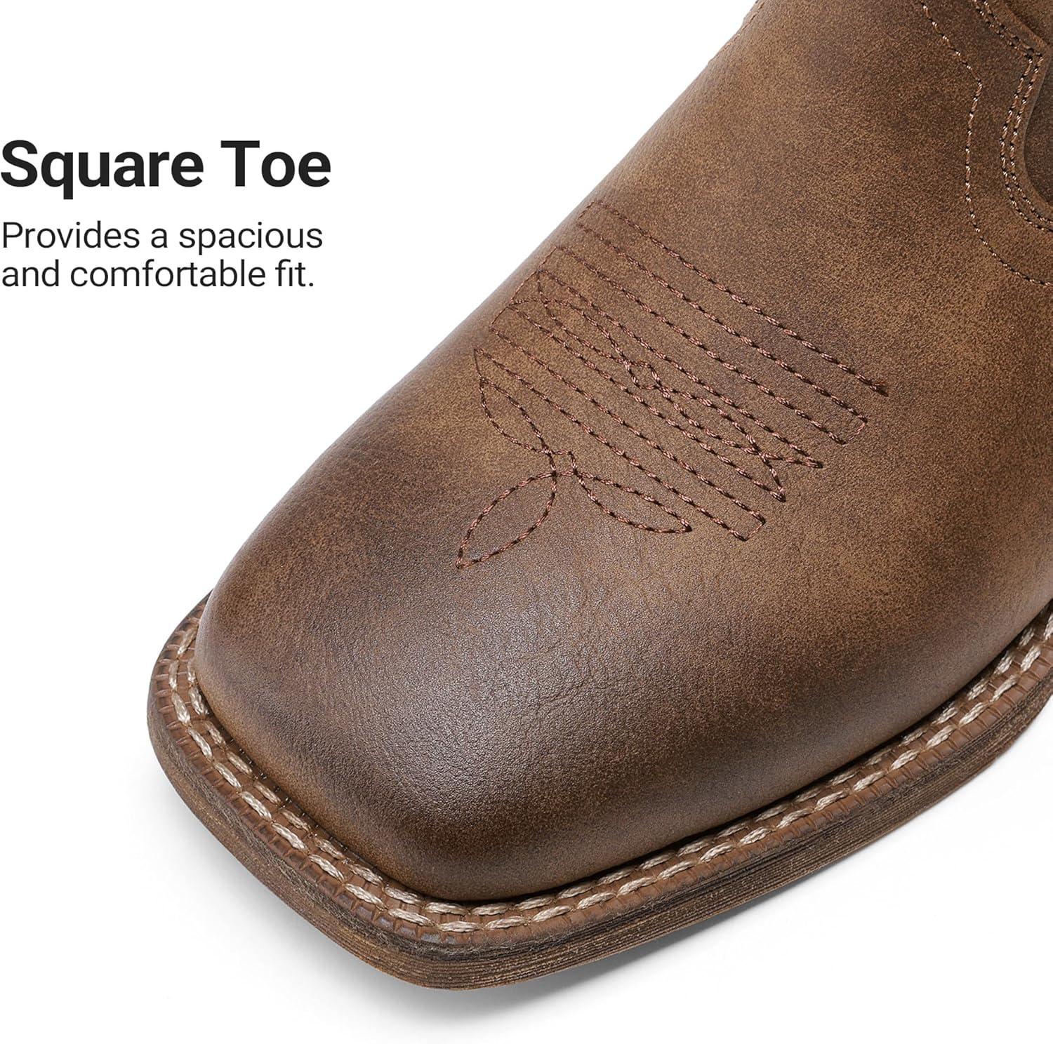 imageDREAM PAIRS Cowboy Cowgirl Boots for Women Wide Square Toe Western Mid Calf PullOn Embroidered Stitched Retro BootsBrown