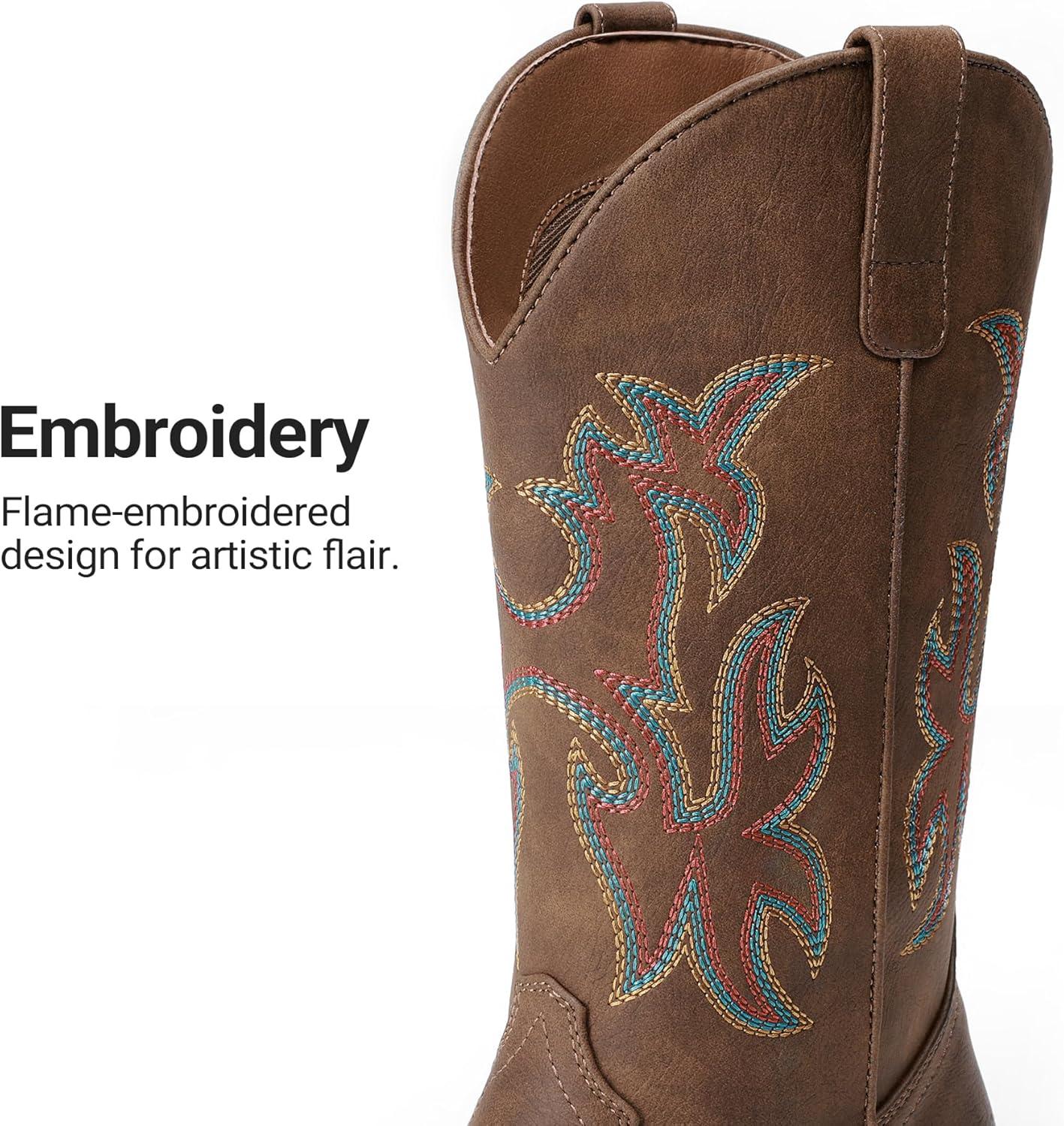 imageDREAM PAIRS Cowboy Cowgirl Boots for Women Wide Square Toe Western Mid Calf PullOn Embroidered Stitched Retro BootsBrown