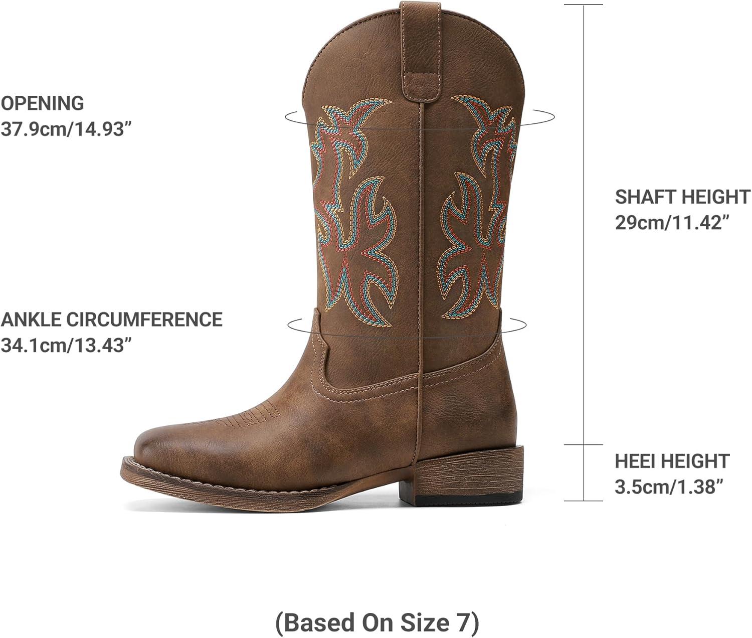 imageDREAM PAIRS Cowboy Cowgirl Boots for Women Wide Square Toe Western Mid Calf PullOn Embroidered Stitched Retro BootsBrown