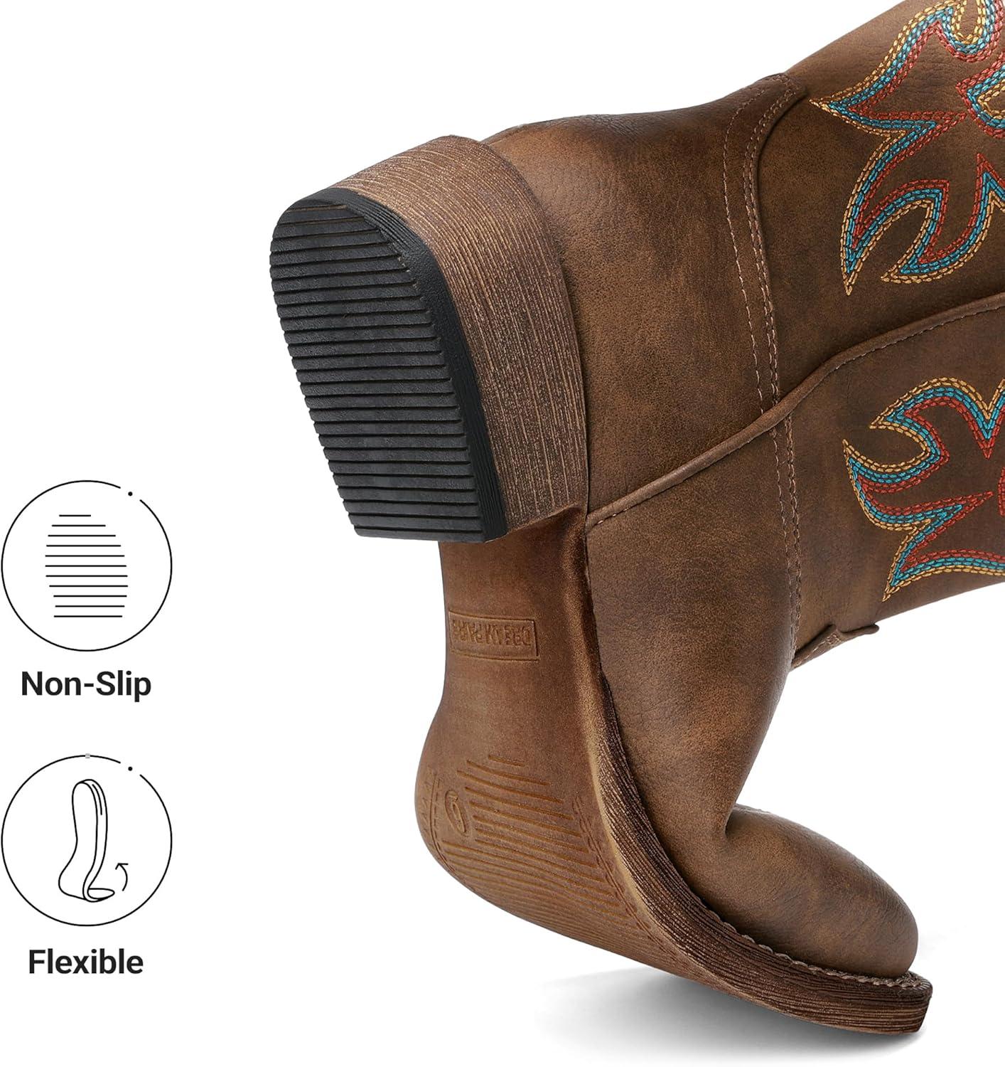 imageDREAM PAIRS Cowboy Cowgirl Boots for Women Wide Square Toe Western Mid Calf PullOn Embroidered Stitched Retro BootsBrown