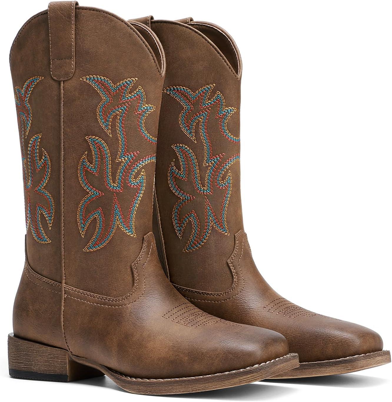 imageDREAM PAIRS Cowboy Cowgirl Boots for Women Wide Square Toe Western Mid Calf PullOn Embroidered Stitched Retro BootsBrown