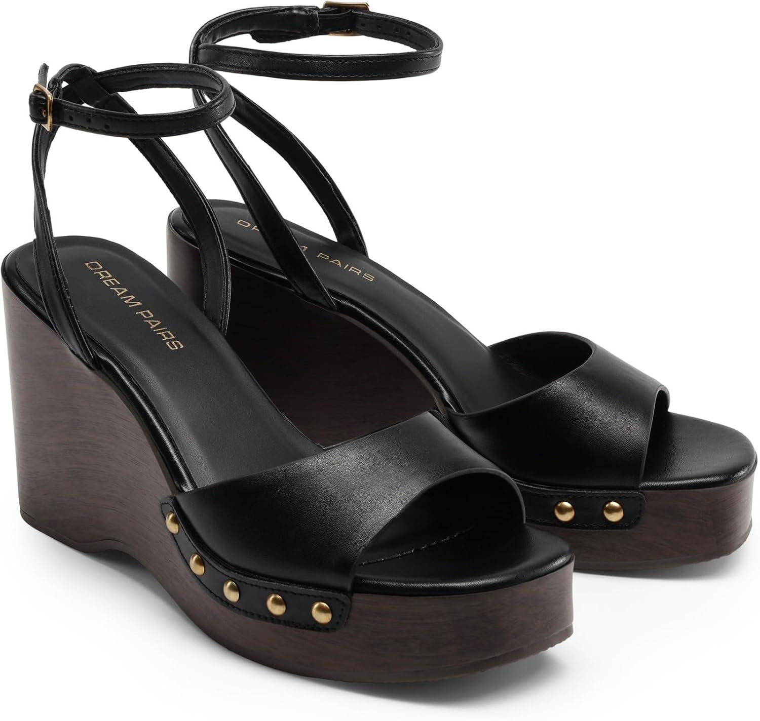imageDREAM PAIRS Wedge Sandals for WomenDressy Platform SquareToe Ankle Buckle Studded Fashion Sandals for SummerBlack