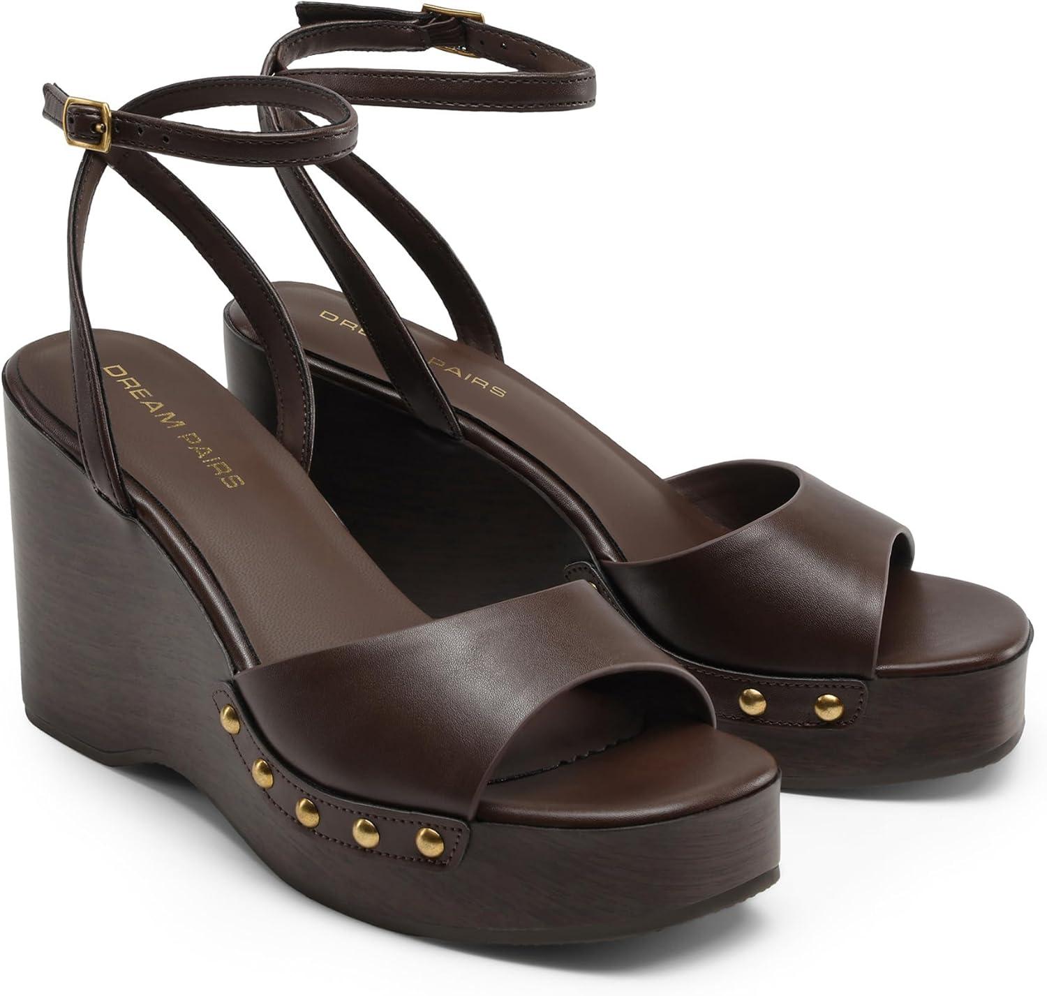 imageDREAM PAIRS Wedge Sandals for WomenDressy Platform SquareToe Ankle Buckle Studded Fashion Sandals for SummerBrown