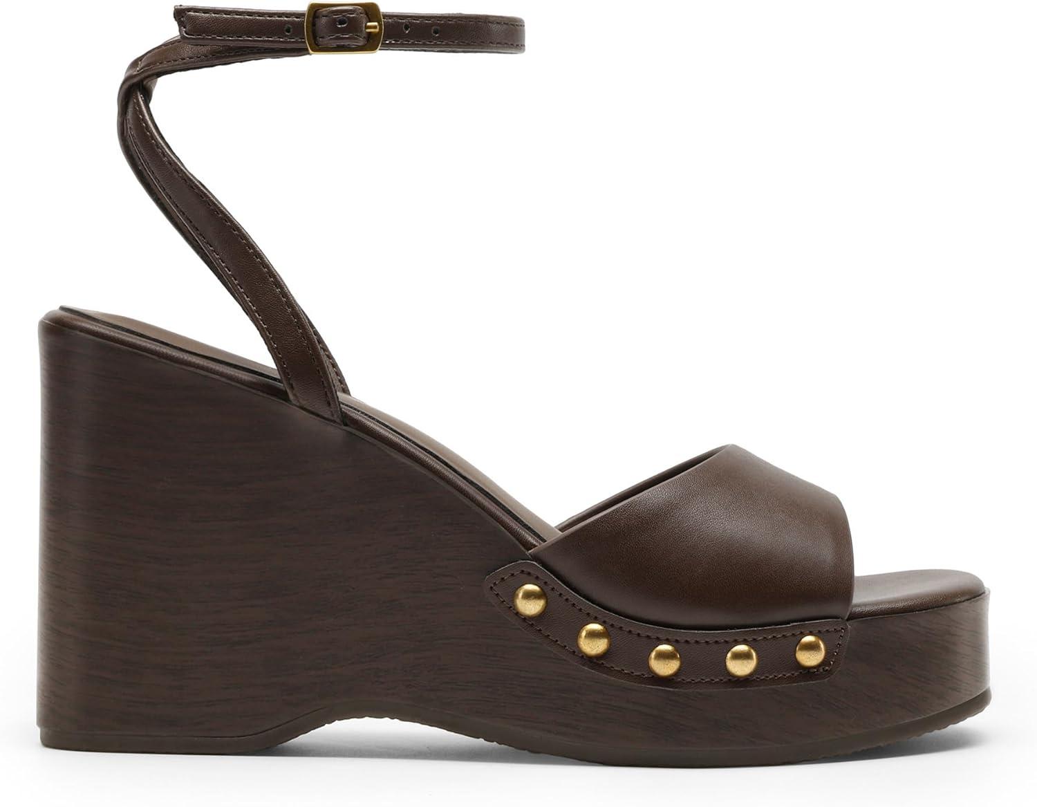 imageDREAM PAIRS Wedge Sandals for WomenDressy Platform SquareToe Ankle Buckle Studded Fashion Sandals for SummerBrown