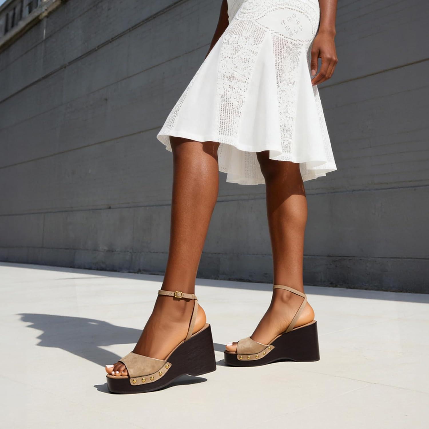 imageDREAM PAIRS Wedge Sandals for WomenDressy Platform SquareToe Ankle Buckle Studded Fashion Sandals for SummerTaupe