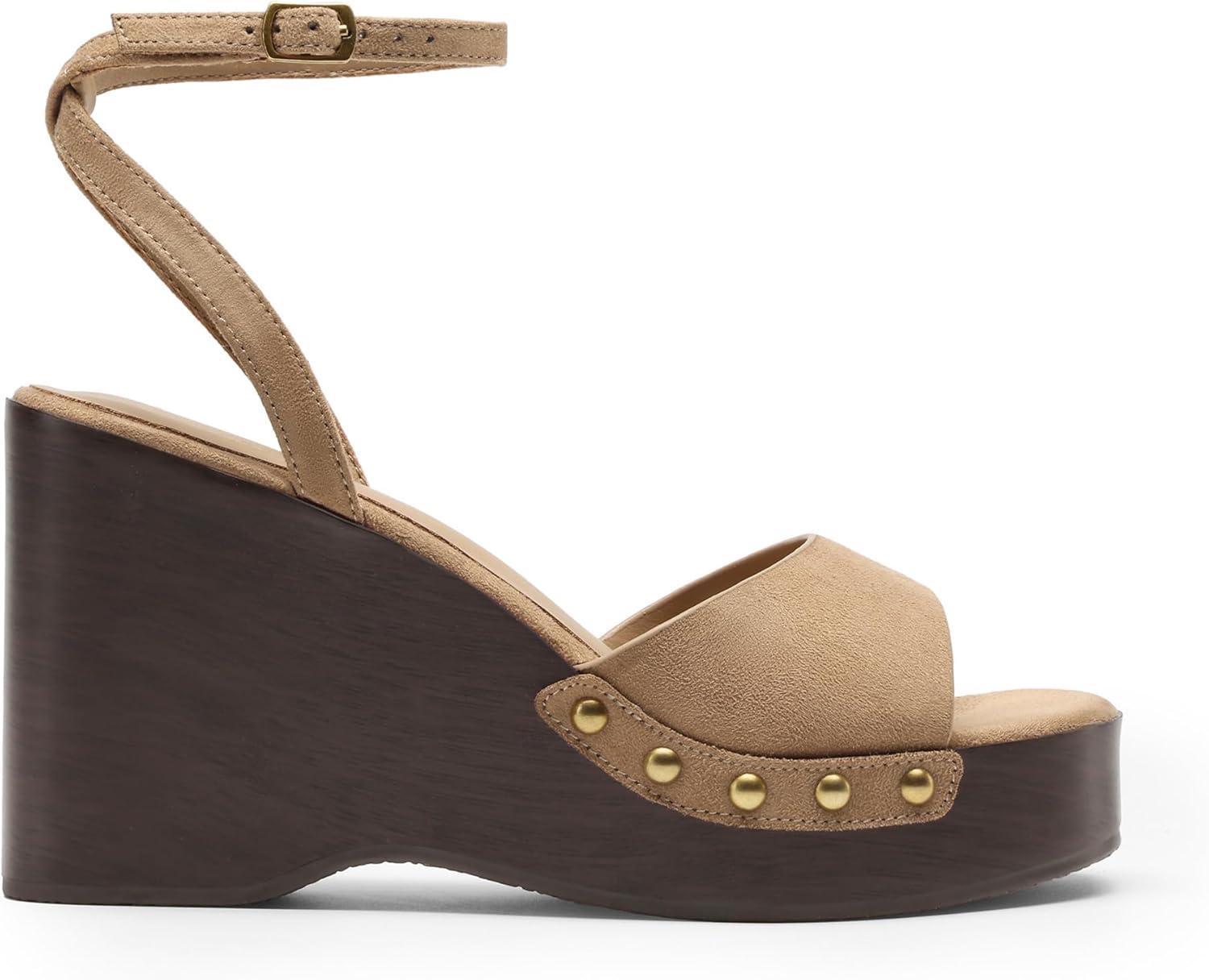imageDREAM PAIRS Wedge Sandals for WomenDressy Platform SquareToe Ankle Buckle Studded Fashion Sandals for SummerTaupe