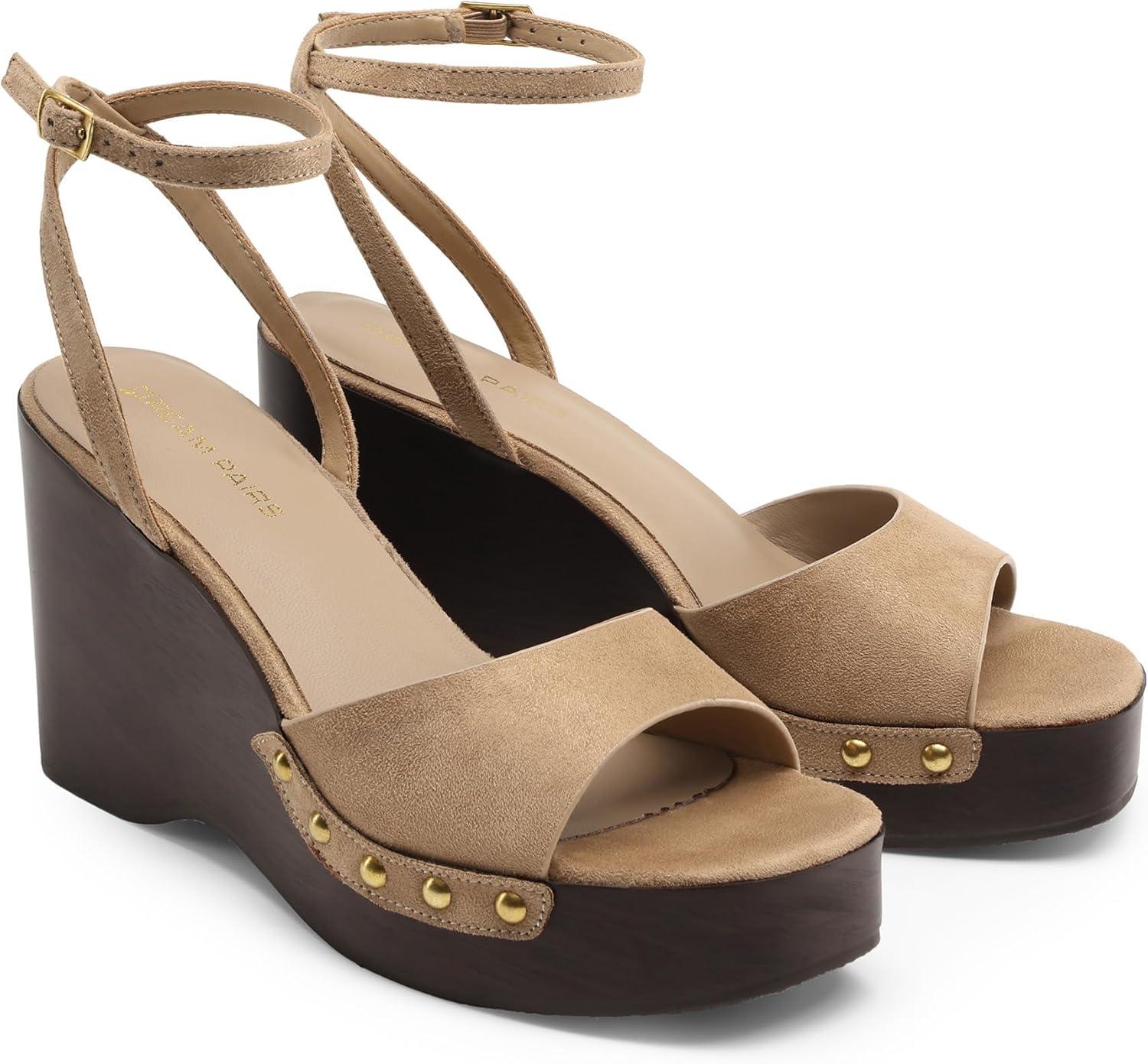 imageDREAM PAIRS Wedge Sandals for WomenDressy Platform SquareToe Ankle Buckle Studded Fashion Sandals for SummerTaupe