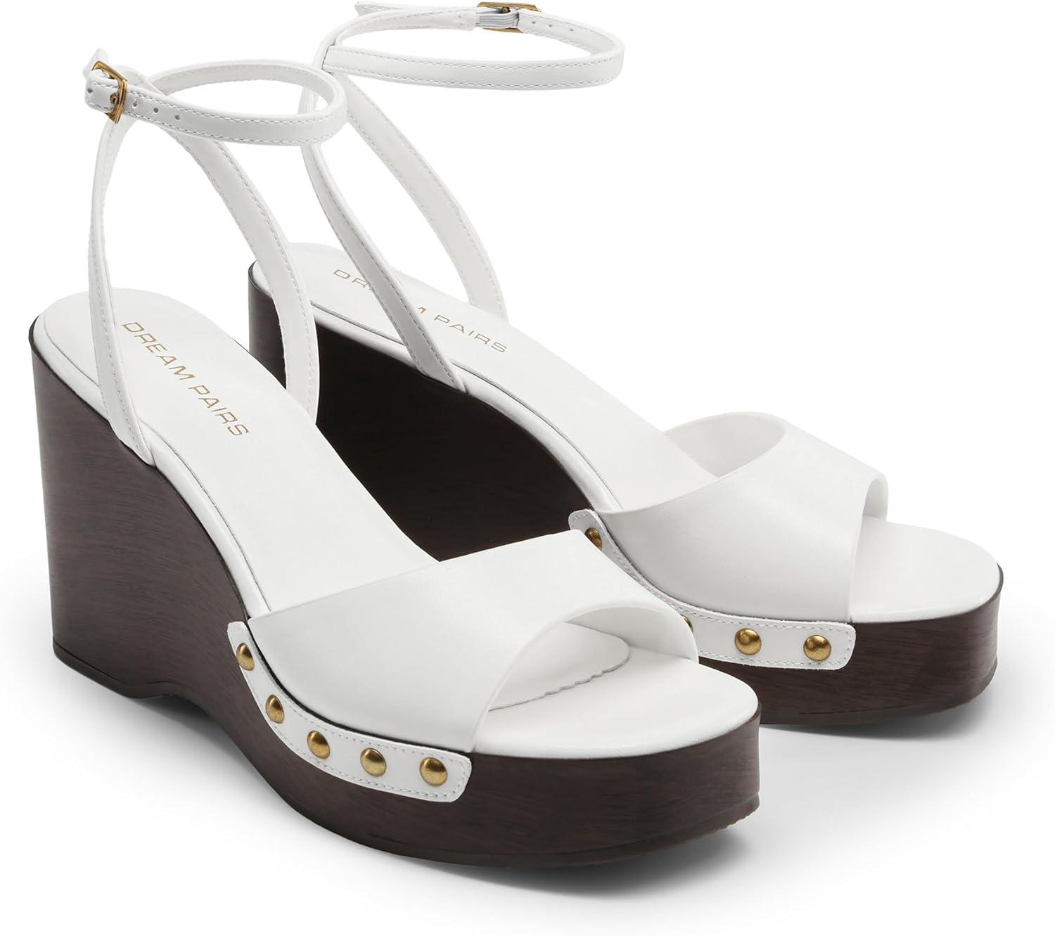imageDREAM PAIRS Wedge Sandals for WomenDressy Platform SquareToe Ankle Buckle Studded Fashion Sandals for SummerWhite