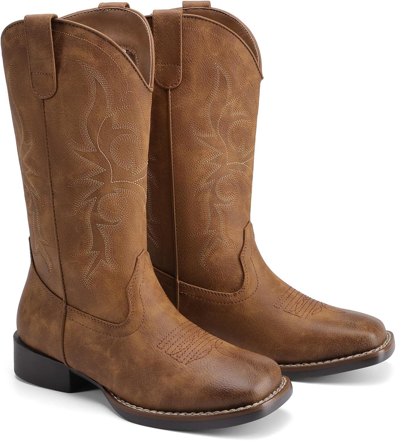 imageDREAM PAIRS Womens Cowboy Cowgirl Boots Embroidered Square Toe Mid Calf Western Boots Fashion Dress Chunky Low Heel Shoes for Theme Party Country ConcertBrown
