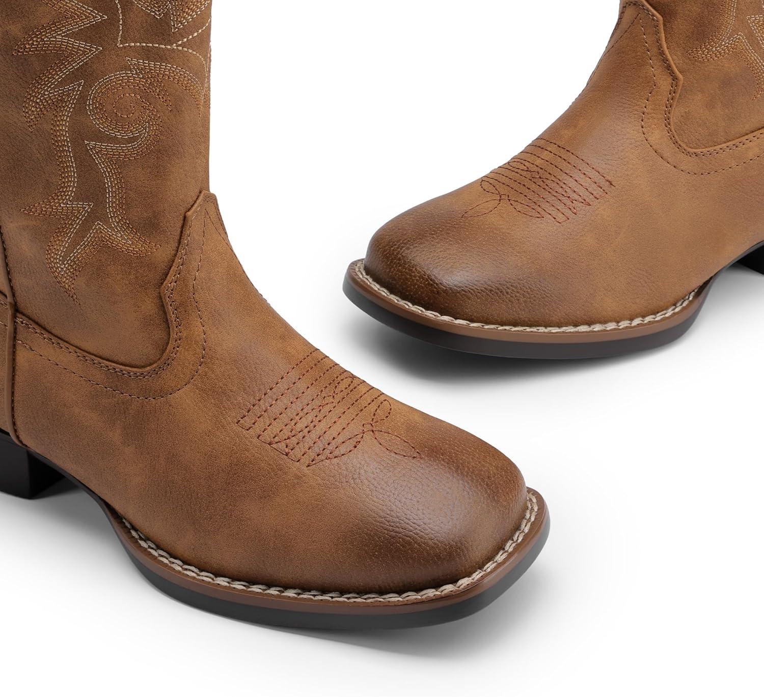 imageDREAM PAIRS Womens Cowboy Cowgirl Boots Embroidered Square Toe Mid Calf Western Boots Fashion Dress Chunky Low Heel Shoes for Theme Party Country ConcertBrown