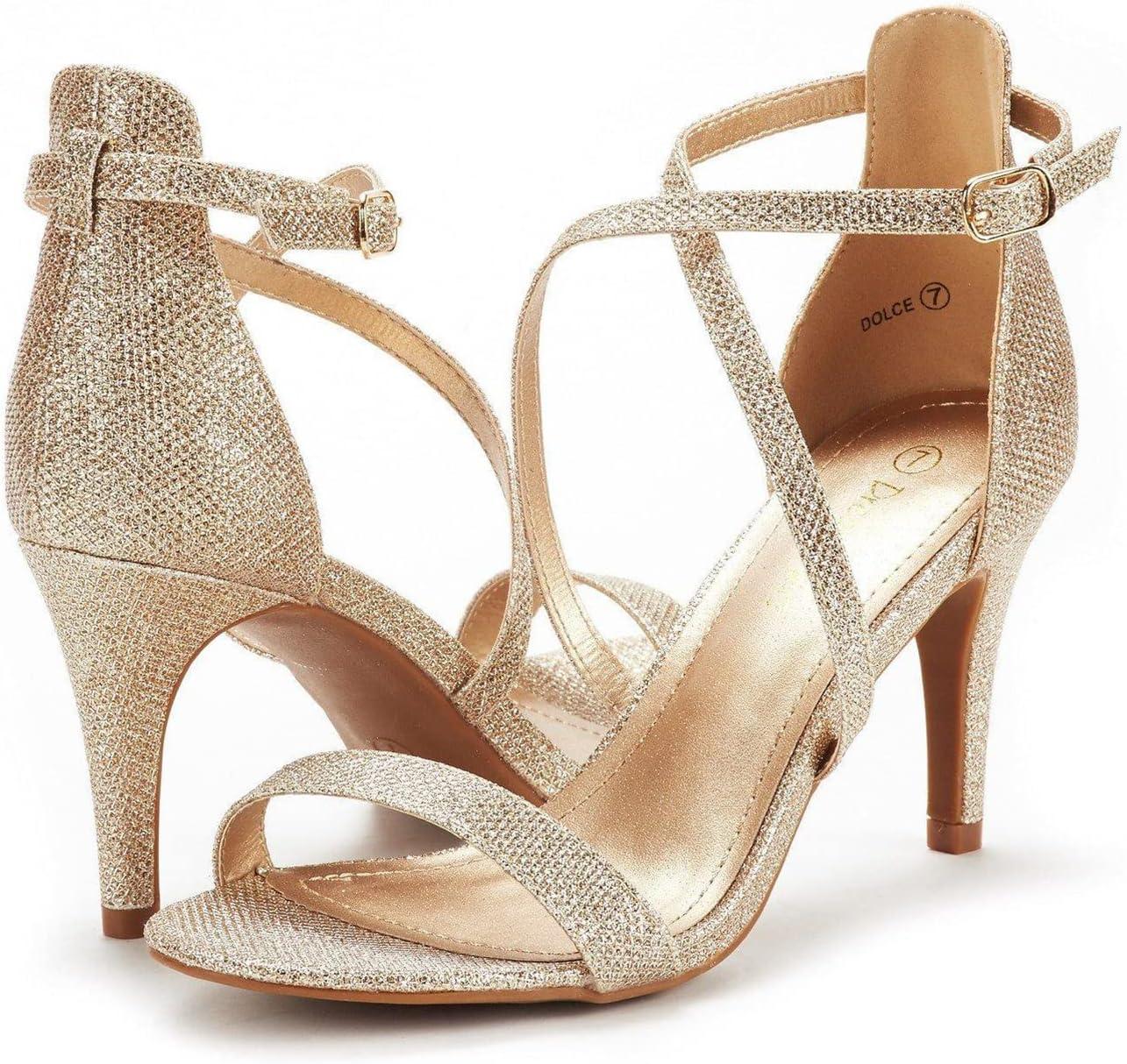 imageDREAM PAIRS Womens Strappy Stiletto High Heels Open Toe Rhinestone Wedding Dress Shoes Sparkly SandalsGoldGlitter