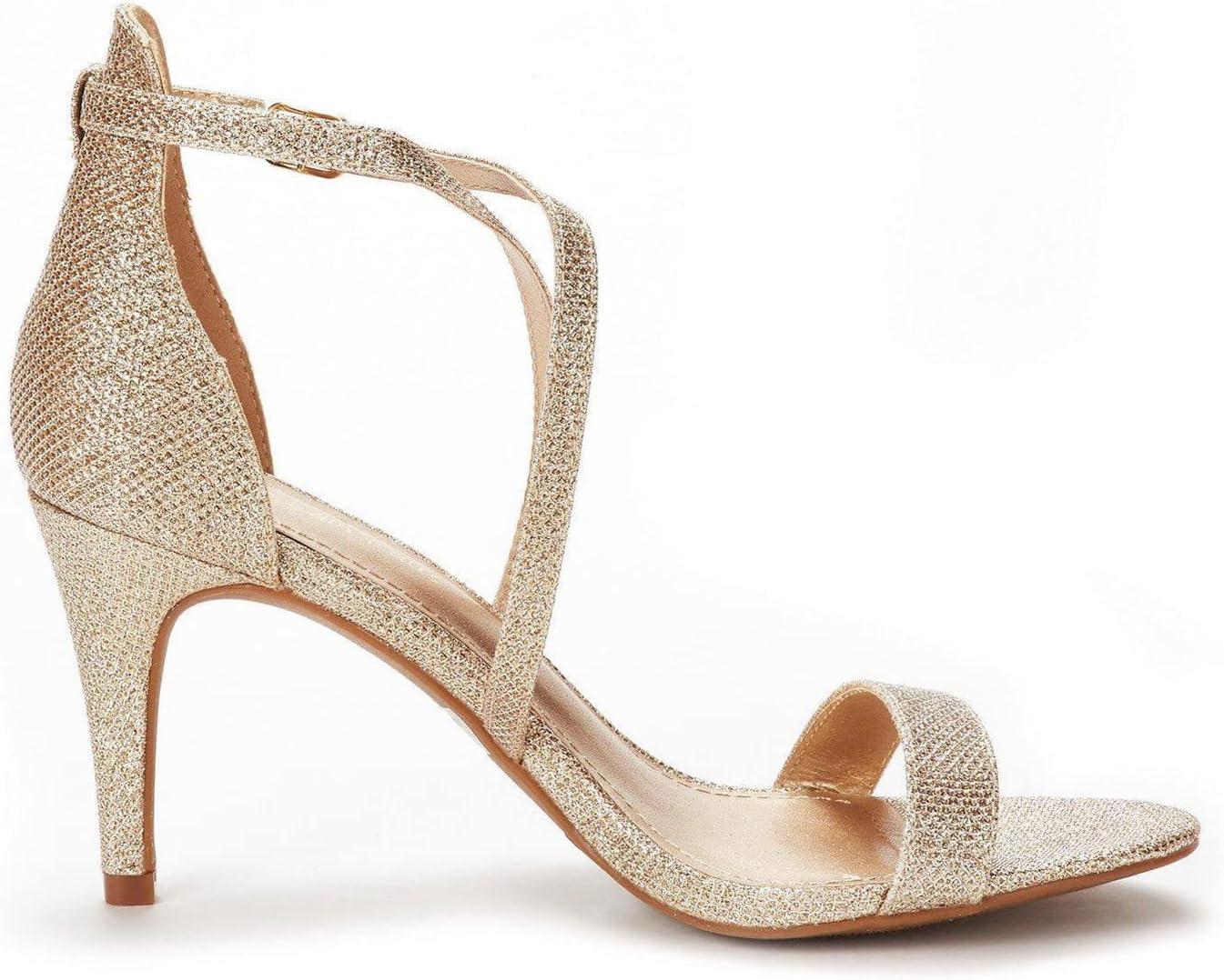imageDREAM PAIRS Womens Strappy Stiletto High Heels Open Toe Rhinestone Wedding Dress Shoes Sparkly SandalsGoldGlitter