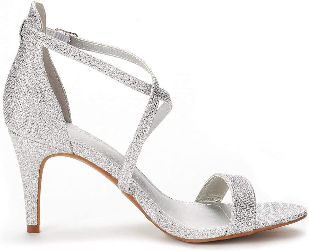 imageDREAM PAIRS Womens Strappy Stiletto High Heels Open Toe Rhinestone Wedding Dress Shoes Sparkly SandalsSilverGlitter