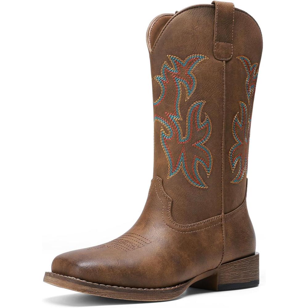 imageDREAM PAIRS Cowboy Cowgirl Boots for Women Wide Square Toe Western Mid Calf PullOn Embroidered Stitched Retro BootsBrown
