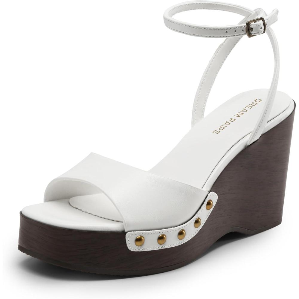 imageDREAM PAIRS Wedge Sandals for WomenDressy Platform SquareToe Ankle Buckle Studded Fashion Sandals for SummerWhite