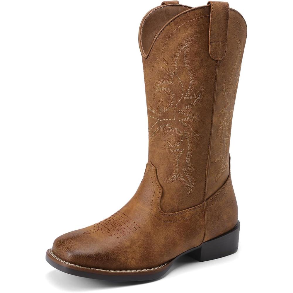 imageDREAM PAIRS Womens Cowboy Cowgirl Boots Embroidered Square Toe Mid Calf Western Boots Fashion Dress Chunky Low Heel Shoes for Theme Party Country ConcertBrown