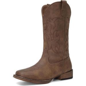 DREAM PAIRS Cowboy Cowgirl Boots for Women Wide Square Toe Western Mid Calf Pull-On Embroidered Stitched Retro Boots(All Brown)