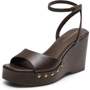 DREAM PAIRS Wedge Sandals for Women,Dressy Platform Square-Toe Ankle Buckle Studded Fashion Sandals for Summer(Brown)