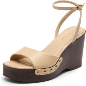 DREAM PAIRS Wedge Sandals for Women,Dressy Platform Square-Toe Ankle Buckle Studded Fashion Sandals for Summer(Nude)