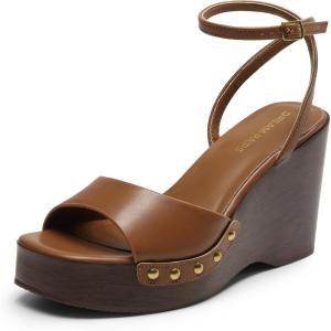DREAM PAIRS Wedge Sandals for Women,Dressy Platform Square-Toe Ankle Buckle Studded Fashion Sandals for Summer(Tan)