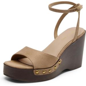 DREAM PAIRS Wedge Sandals for Women,Dressy Platform Square-Toe Ankle Buckle Studded Fashion Sandals for Summer(Taupe)