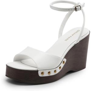 DREAM PAIRS Wedge Sandals for Women,Dressy Platform Square-Toe Ankle Buckle Studded Fashion Sandals for Summer(White)