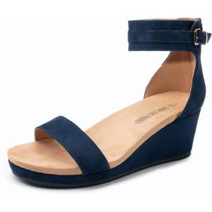 DREAM PAIRS Women’s Open Toe Buckle Ankle Strap Platform Wedge Sandals Summer Shoes.(Navy)