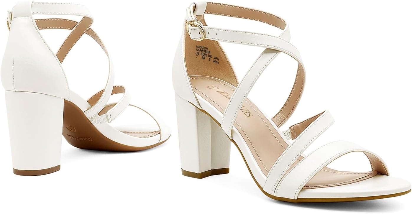 image:imageDREAM PAIRS Womens Block Chunky Heels Sandals Open Toe Ankle Strappy Comfortable Dressy Sandals for Bridal Wedding Prom Party with Adjustable Cross StrapWhitePu