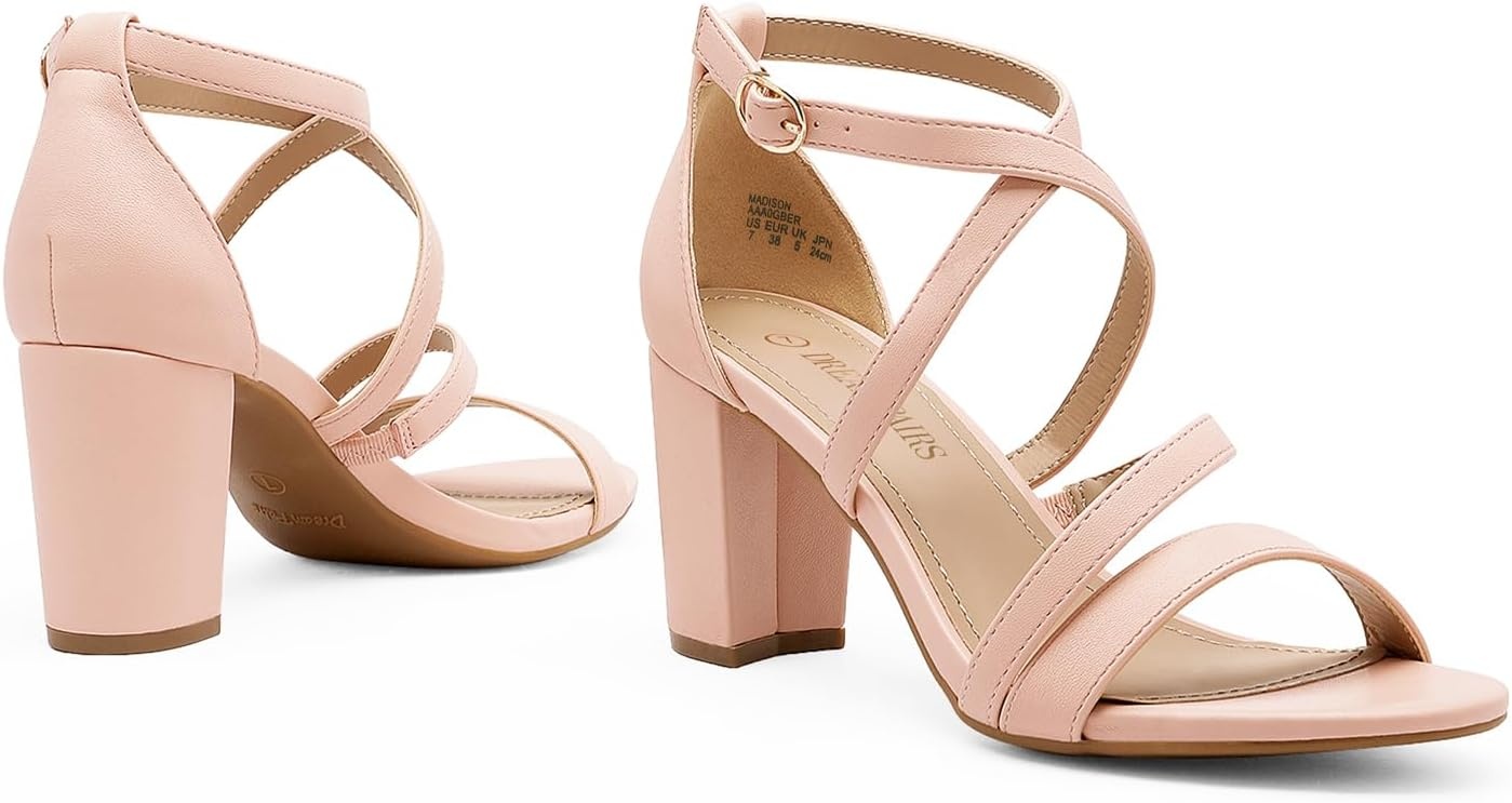 image:imageDREAM PAIRS Womens Block Chunky Heels Sandals Open Toe Ankle Strappy Comfortable Dressy Sandals for Bridal Wedding Prom Party with Adjustable Cross StrapBlushPu
