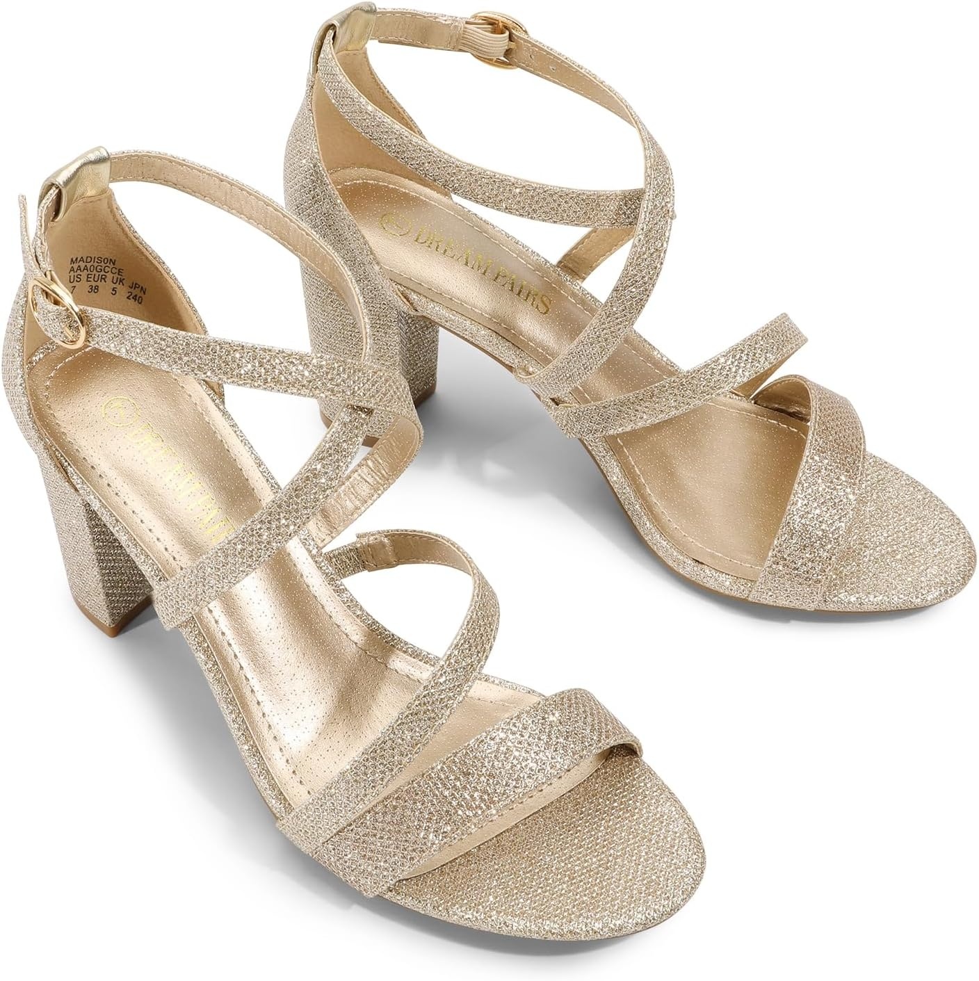 image:imageDREAM PAIRS Womens Block Chunky Heels Sandals Open Toe Ankle Strappy Comfortable Dressy Sandals for Bridal Wedding Prom Party with Adjustable Cross StrapGoldGlitter
